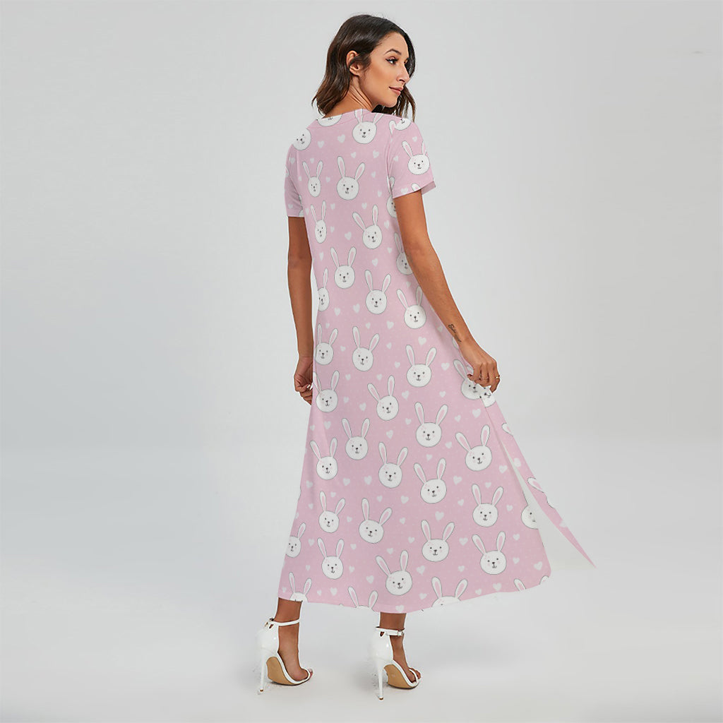 Pink Rabbit Pattern Print Short Sleeve Maxi Dress