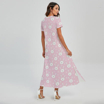 Pink Rabbit Pattern Print Short Sleeve Maxi Dress