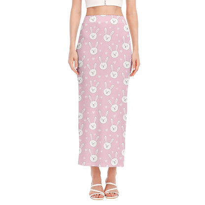 Pink Rabbit Pattern Print Side Slit Maxi Skirt