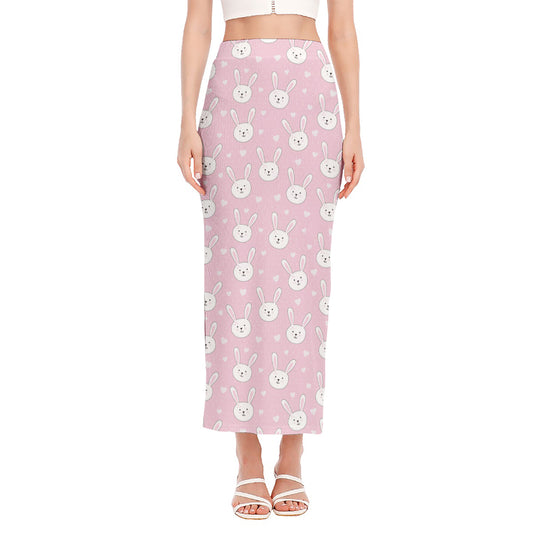 Pink Rabbit Pattern Print Side Slit Maxi Skirt