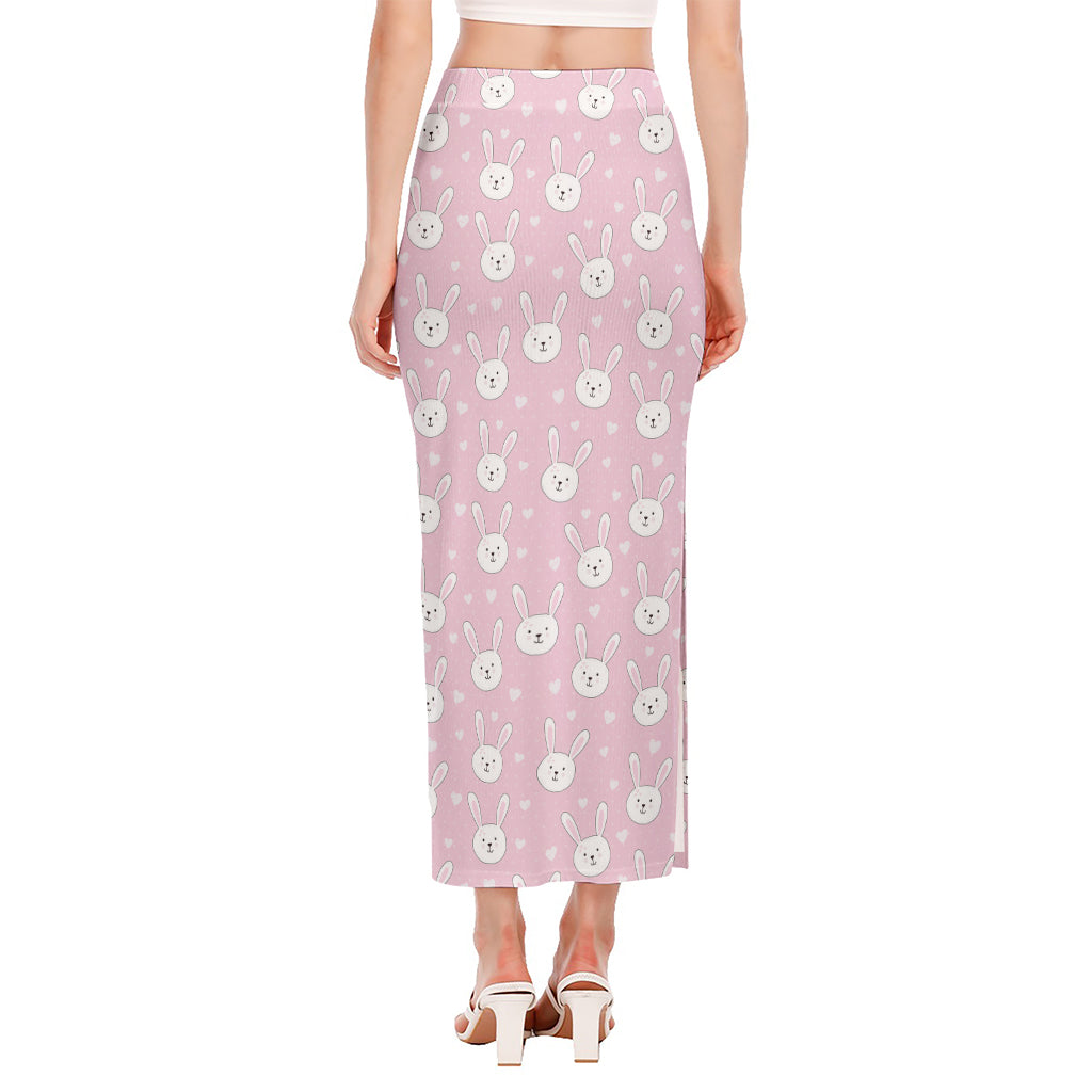 Pink Rabbit Pattern Print Side Slit Maxi Skirt