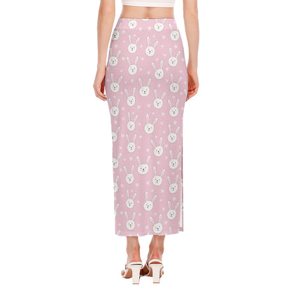 Pink Rabbit Pattern Print Side Slit Maxi Skirt