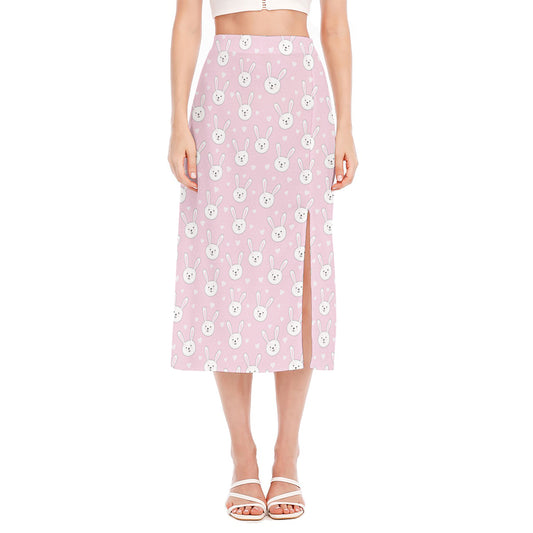 Pink Rabbit Pattern Print Side Slit Midi Skirt