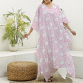 Pink Rabbit Pattern Print Silk V-Neck Kaftan Dress