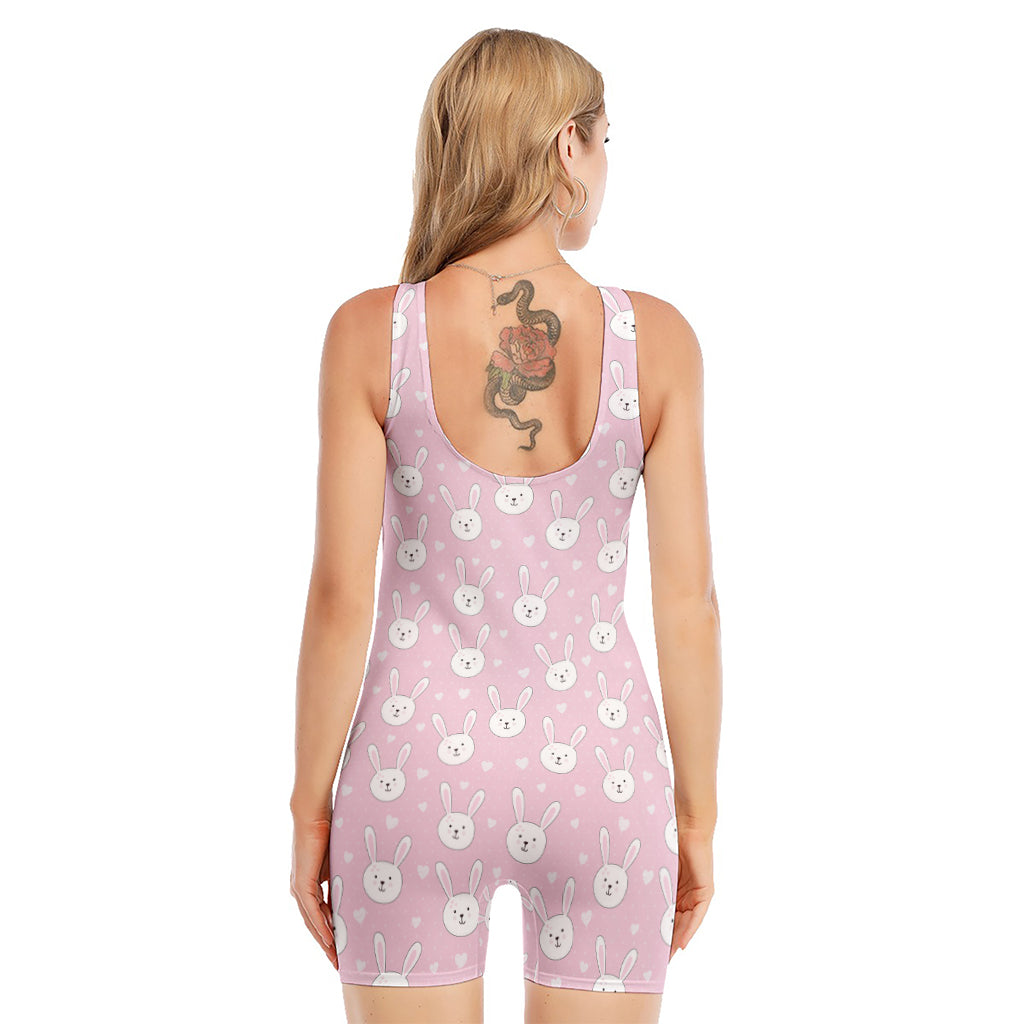 Pink Rabbit Pattern Print Sleeveless One Piece Swimsuit