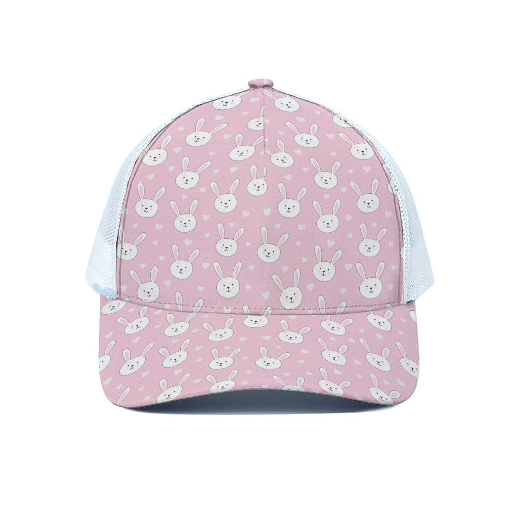 Pink Rabbit Pattern Print White Mesh Trucker Cap