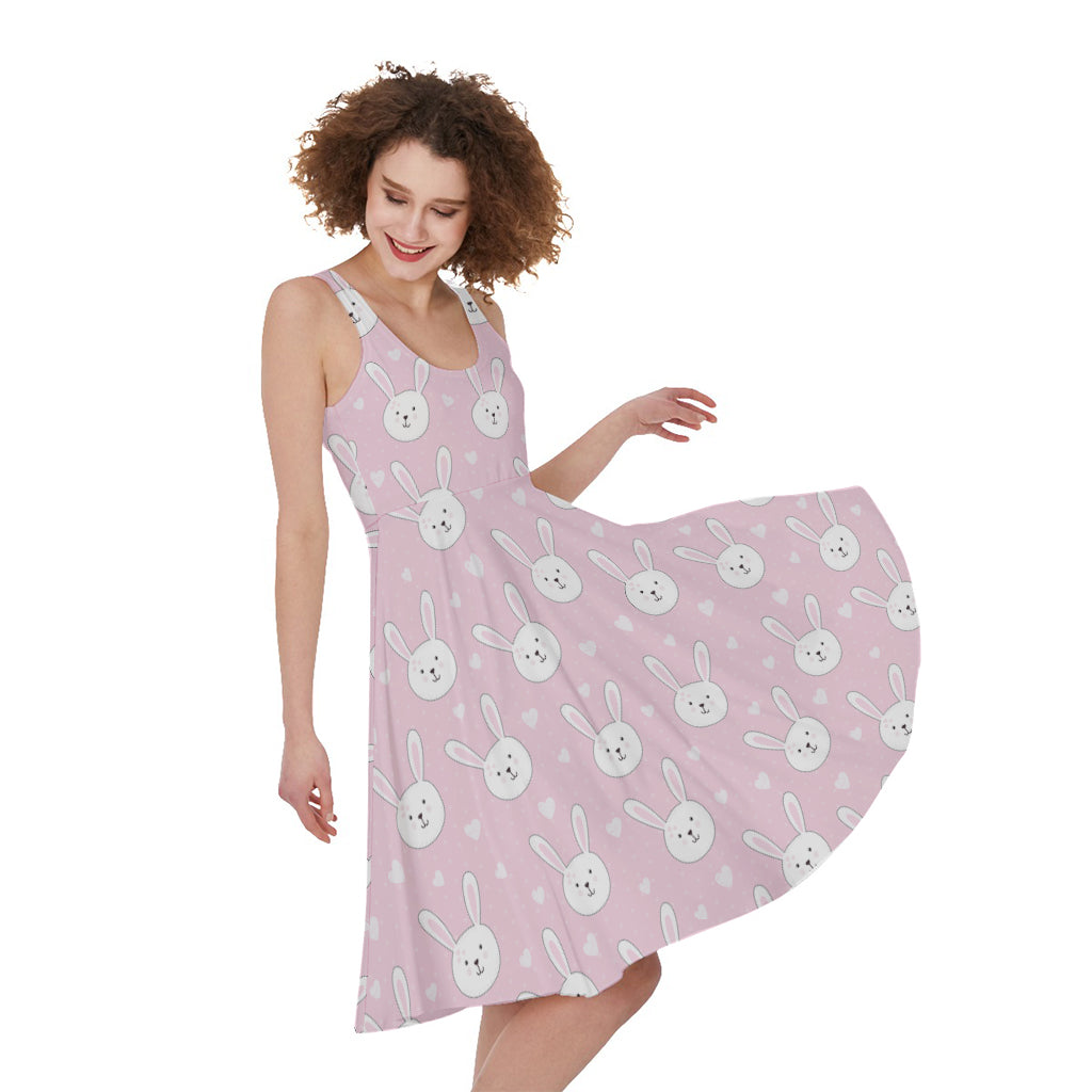 Pink Rabbit Pattern Print Women's Sleeveless Dress