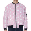 Pink Rabbit Pattern Print Zip Sleeve Bomber Jacket