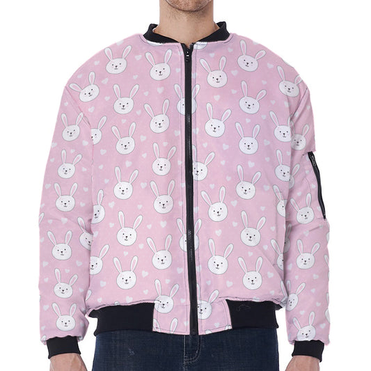 Pink Rabbit Pattern Print Zip Sleeve Bomber Jacket