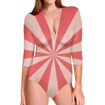 Pink Radial Rays Print Long Sleeve Swimsuit