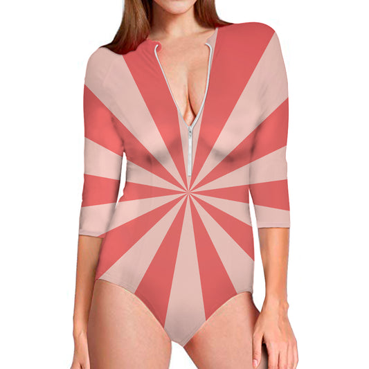 Pink Radial Rays Print Long Sleeve Swimsuit