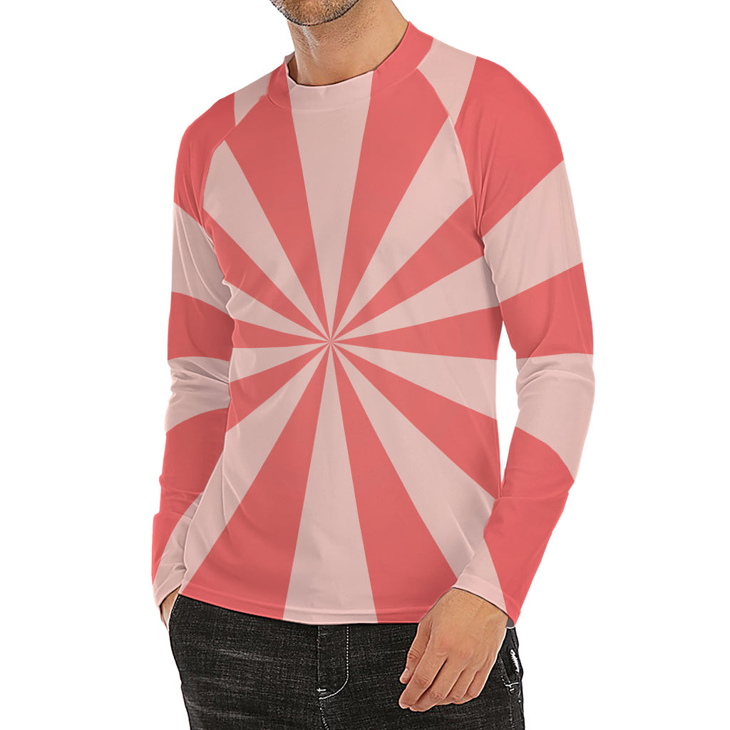 Pink Radial Rays Print Men's Long Sleeve Rash Guard