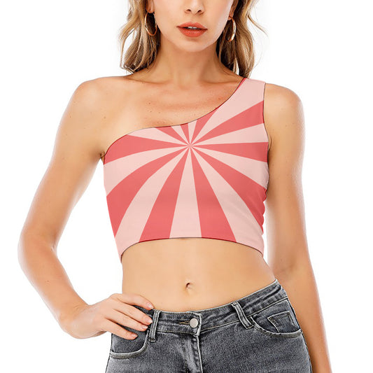 Pink Radial Rays Print One Shoulder Crop Top
