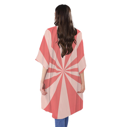 Pink Radial Rays Print Open Front Beach Cover Up
