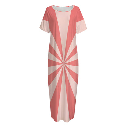 Pink Radial Rays Print Short Sleeve Long Nightdress