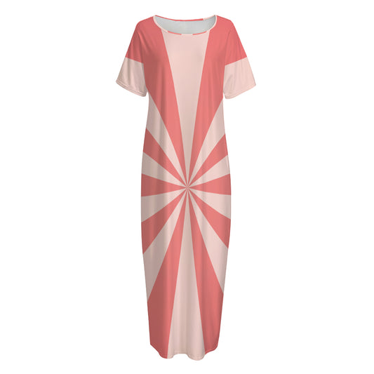 Pink Radial Rays Print Short Sleeve Long Nightdress