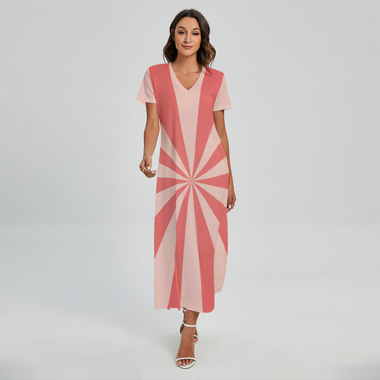 Pink Radial Rays Print Short Sleeve Maxi Dress