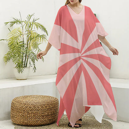 Pink Radial Rays Print Silk V-Neck Kaftan Dress