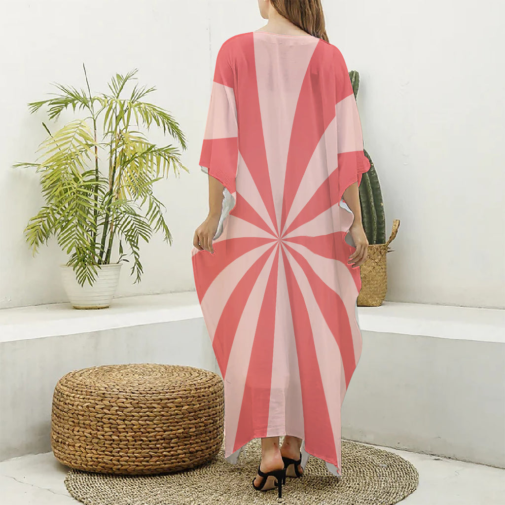 Pink Radial Rays Print Silk V-Neck Kaftan Dress