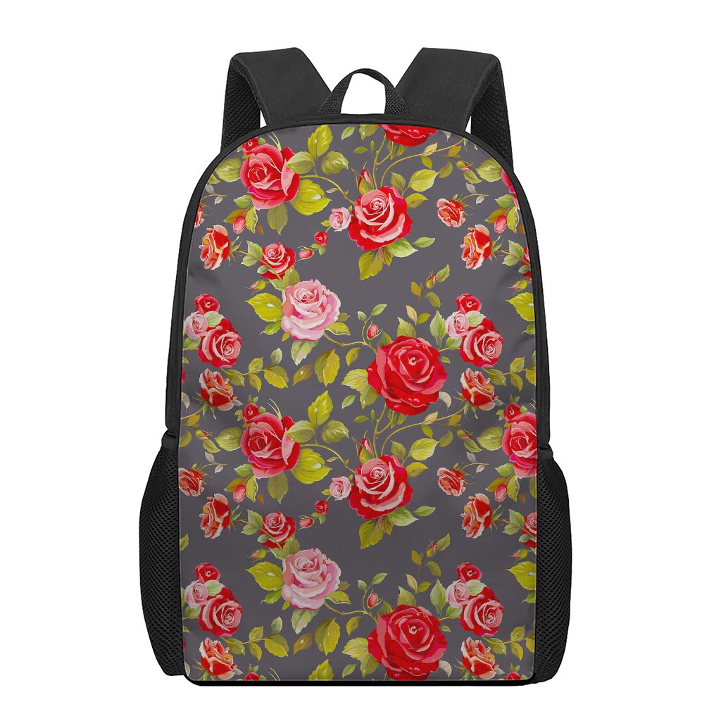 Pink Red Rose Floral Pattern Print 17 Inch Backpack