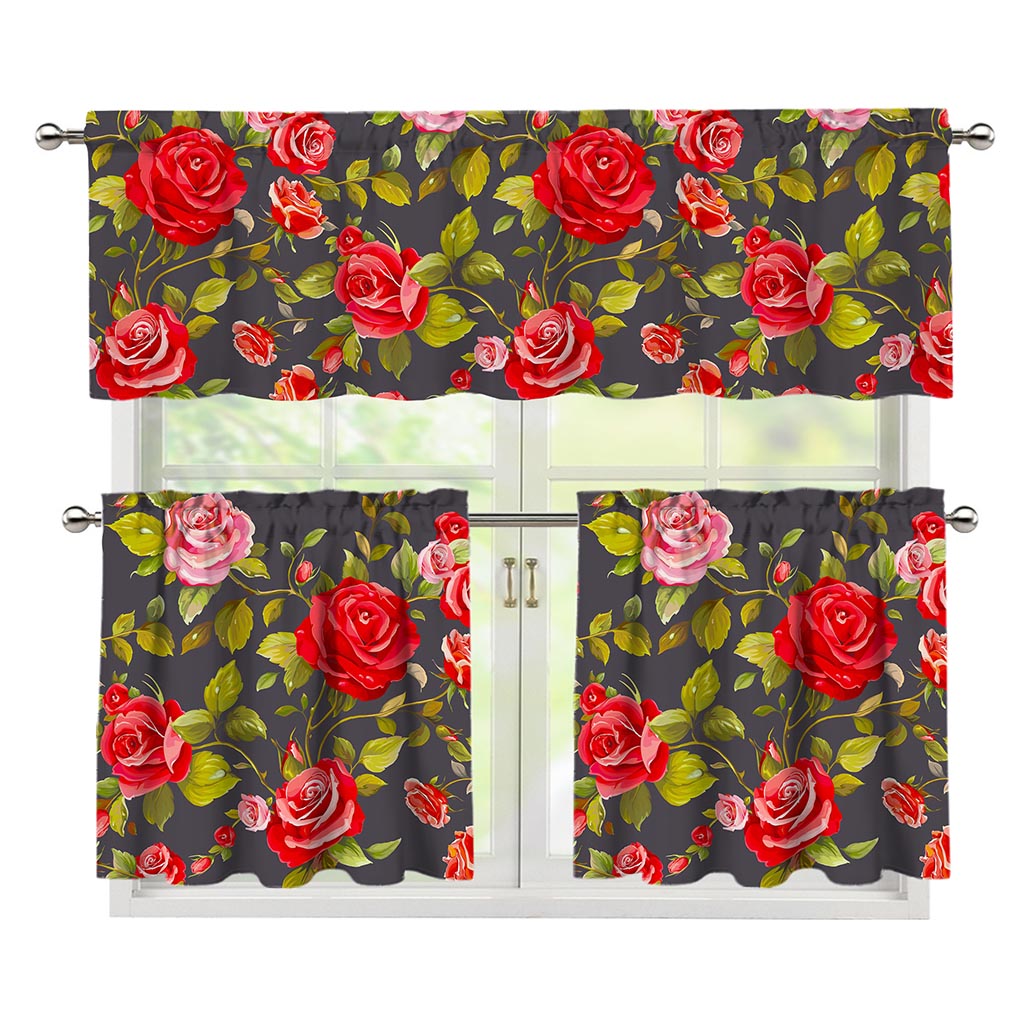 Pink Red Rose Floral Pattern Print 3 Piece Kitchen Curtains