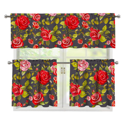 Pink Red Rose Floral Pattern Print 3 Piece Kitchen Curtains