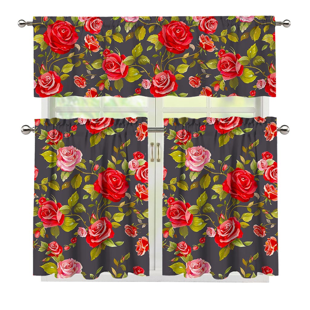 Pink Red Rose Floral Pattern Print 3 Piece Kitchen Curtains