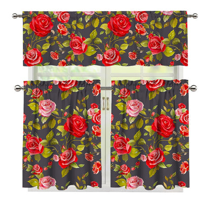 Pink Red Rose Floral Pattern Print 3 Piece Kitchen Curtains