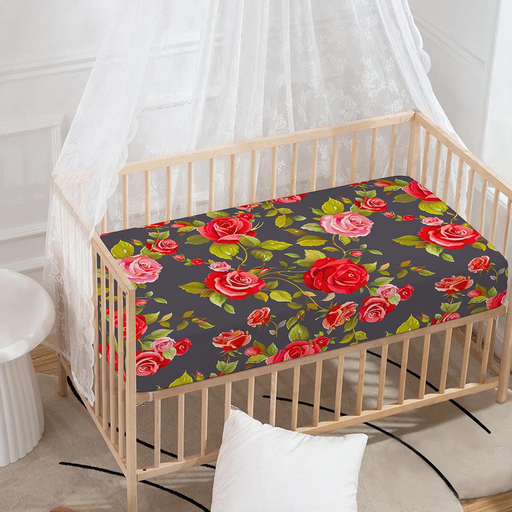 Pink Red Rose Floral Pattern Print Baby Crib Sheet