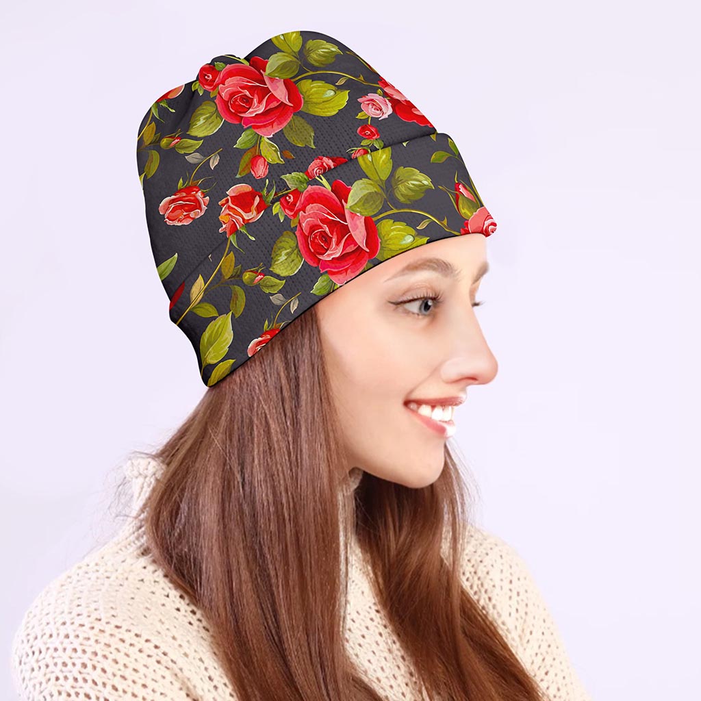 Pink Red Rose Floral Pattern Print Beanie