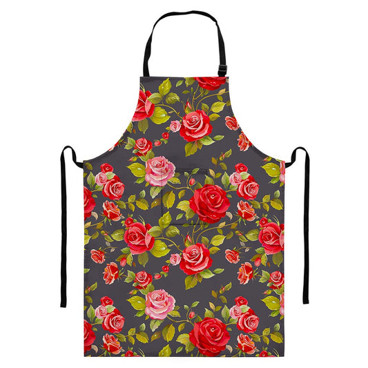 Pink Red Rose Floral Pattern Print Bib Apron With Pocket