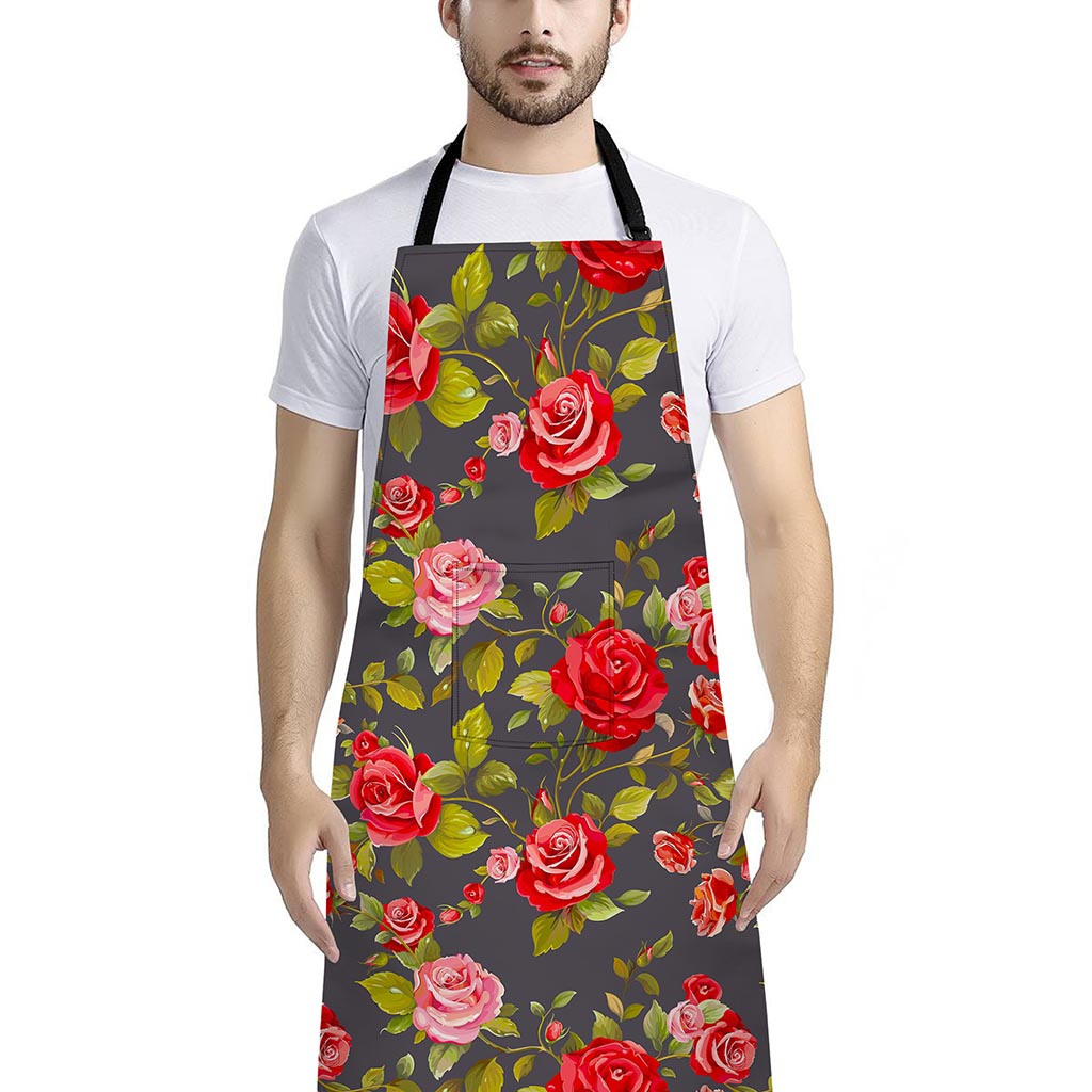 Pink Red Rose Floral Pattern Print Bib Apron With Pocket