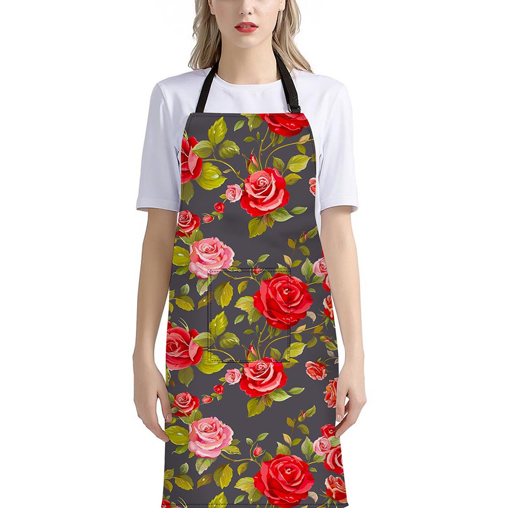 Pink Red Rose Floral Pattern Print Bib Apron With Pocket