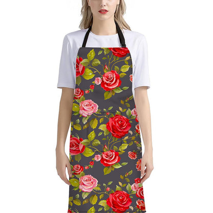 Pink Red Rose Floral Pattern Print Bib Apron With Pocket