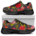 Pink Red Rose Floral Pattern Print Black Chunky Shoes