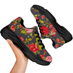 Pink Red Rose Floral Pattern Print Black Chunky Shoes