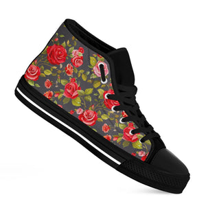 Pink Red Rose Floral Pattern Print Black High Top Sneakers