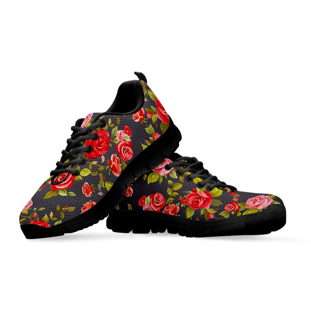 Pink Red Rose Floral Pattern Print Black Running Shoes