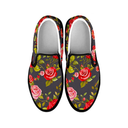 Pink Red Rose Floral Pattern Print Black Slip On Sneakers