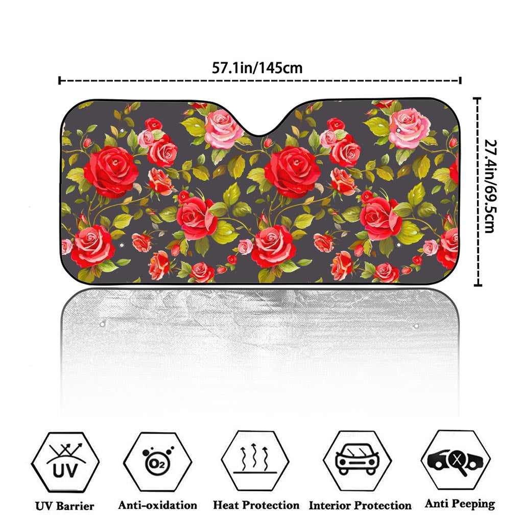 Pink Red Rose Floral Pattern Print Car Windshield Sun Shade