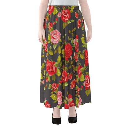 Pink Red Rose Floral Pattern Print Chiffon Maxi Skirt