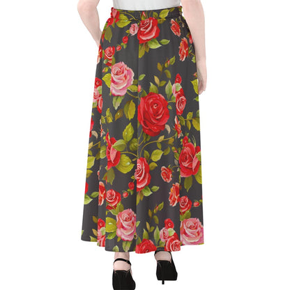 Pink Red Rose Floral Pattern Print Chiffon Maxi Skirt