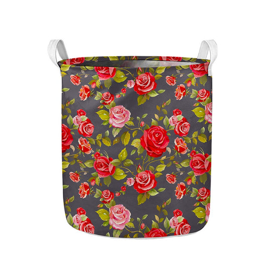 Pink Red Rose Floral Pattern Print Collapsible Laundry Basket