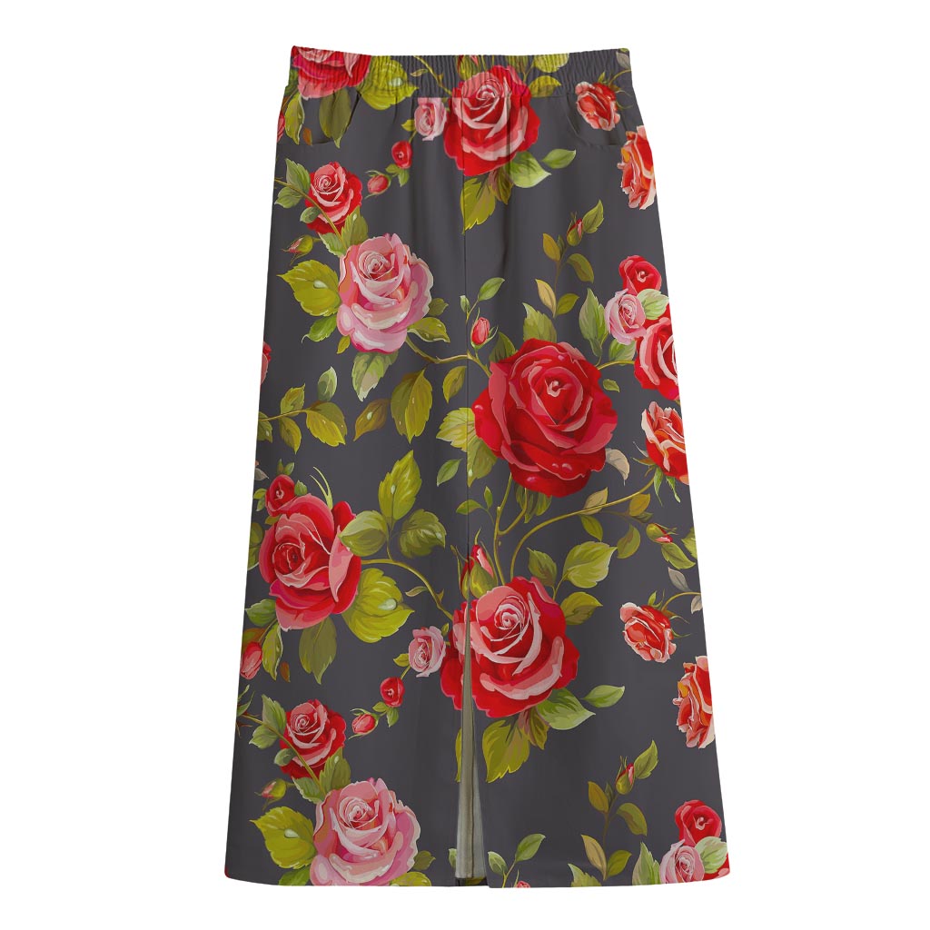 Pink Red Rose Floral Pattern Print Cotton Front Slit Maxi Skirt