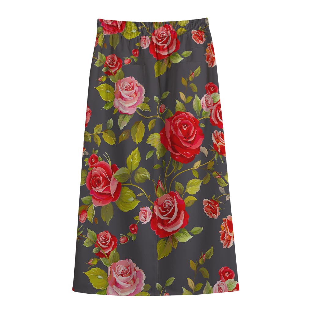 Pink Red Rose Floral Pattern Print Cotton Front Slit Maxi Skirt