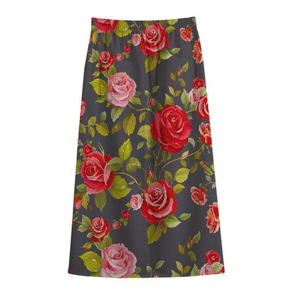 Pink Red Rose Floral Pattern Print Cotton Front Slit Maxi Skirt
