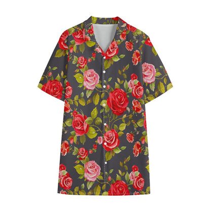 Pink Red Rose Floral Pattern Print Cotton Hawaiian Shirt