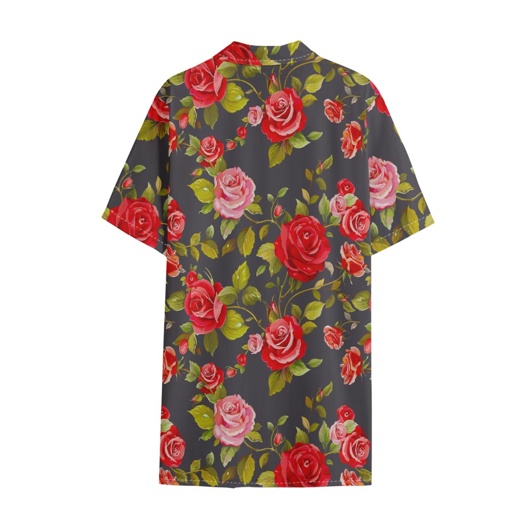 Pink Red Rose Floral Pattern Print Cotton Hawaiian Shirt