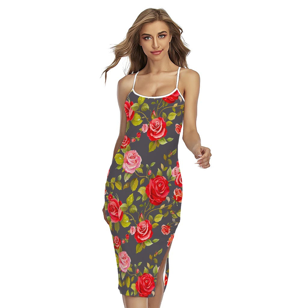 Pink Red Rose Floral Pattern Print Cross Back Cami Dress