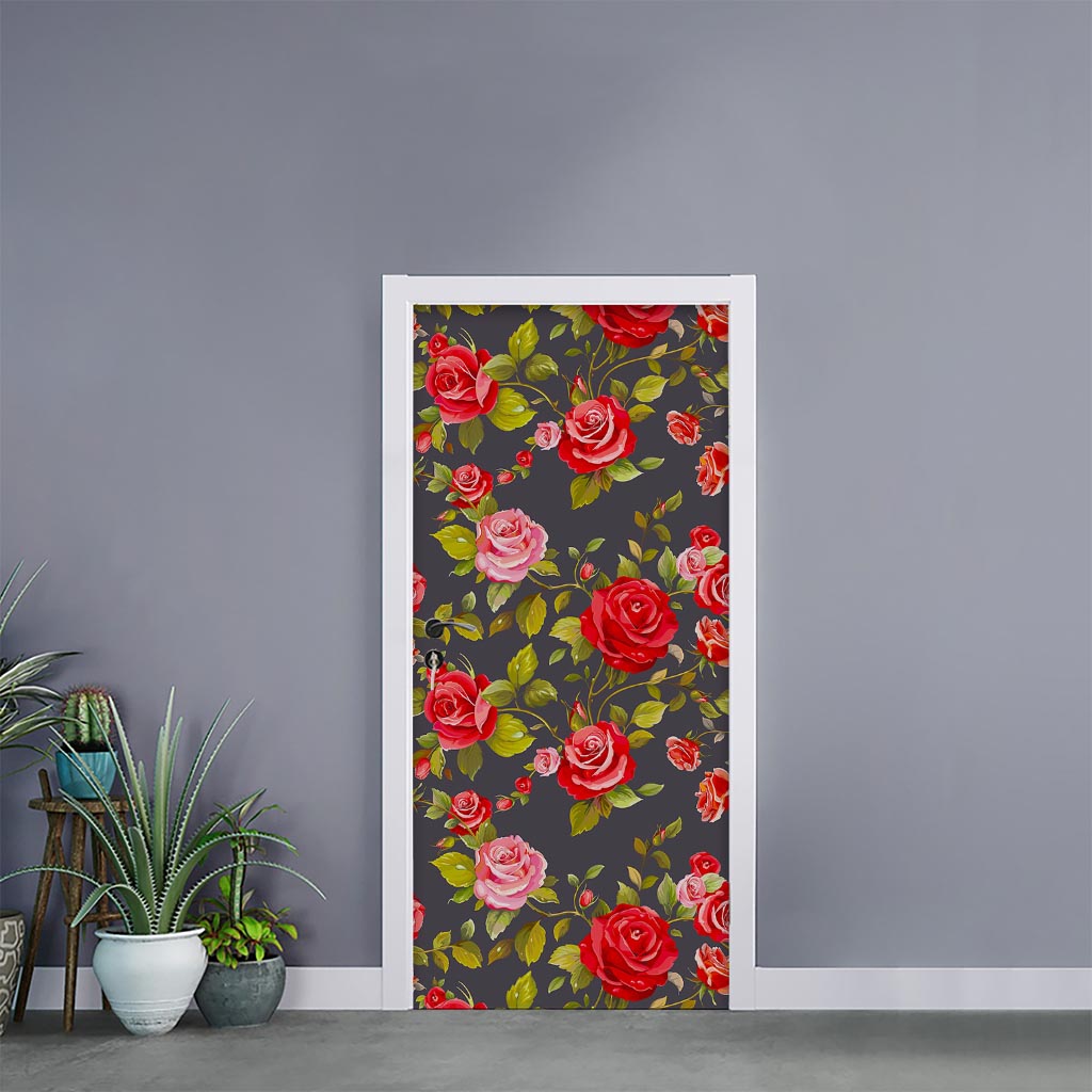 Pink Red Rose Floral Pattern Print Door Sticker